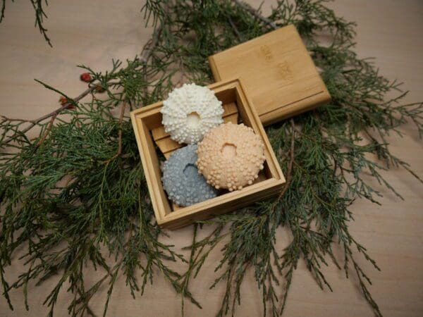 A wooden box with some cookies inside of it