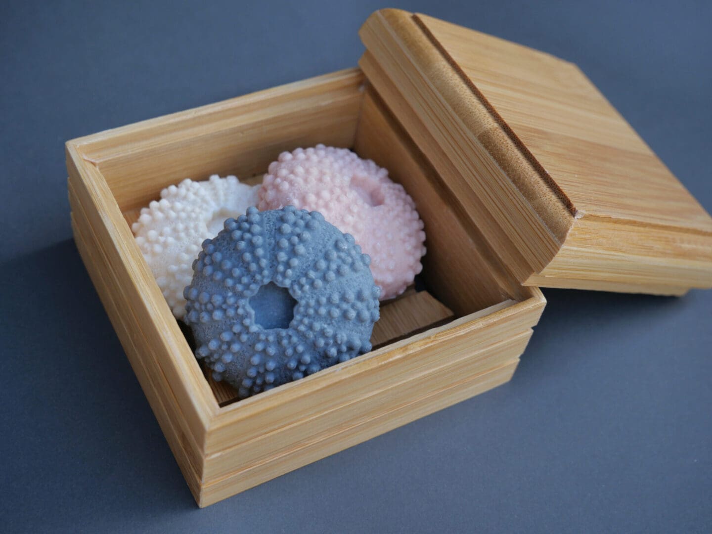 A wooden box with three different colored sea urchins.